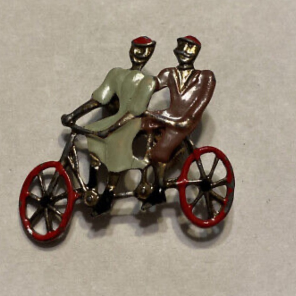 Vintage Brooch Pin - Couple Riding Tandem Bicycle